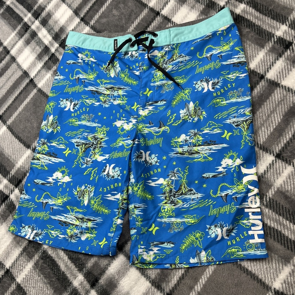 Hurley Boys Size 20/30 Neptune Blue Doodle Island Skulls Print Surf Board Shorts